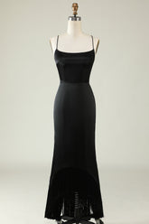Spaghettiträger Schwarzes Satin Ballkleid mit Fransen